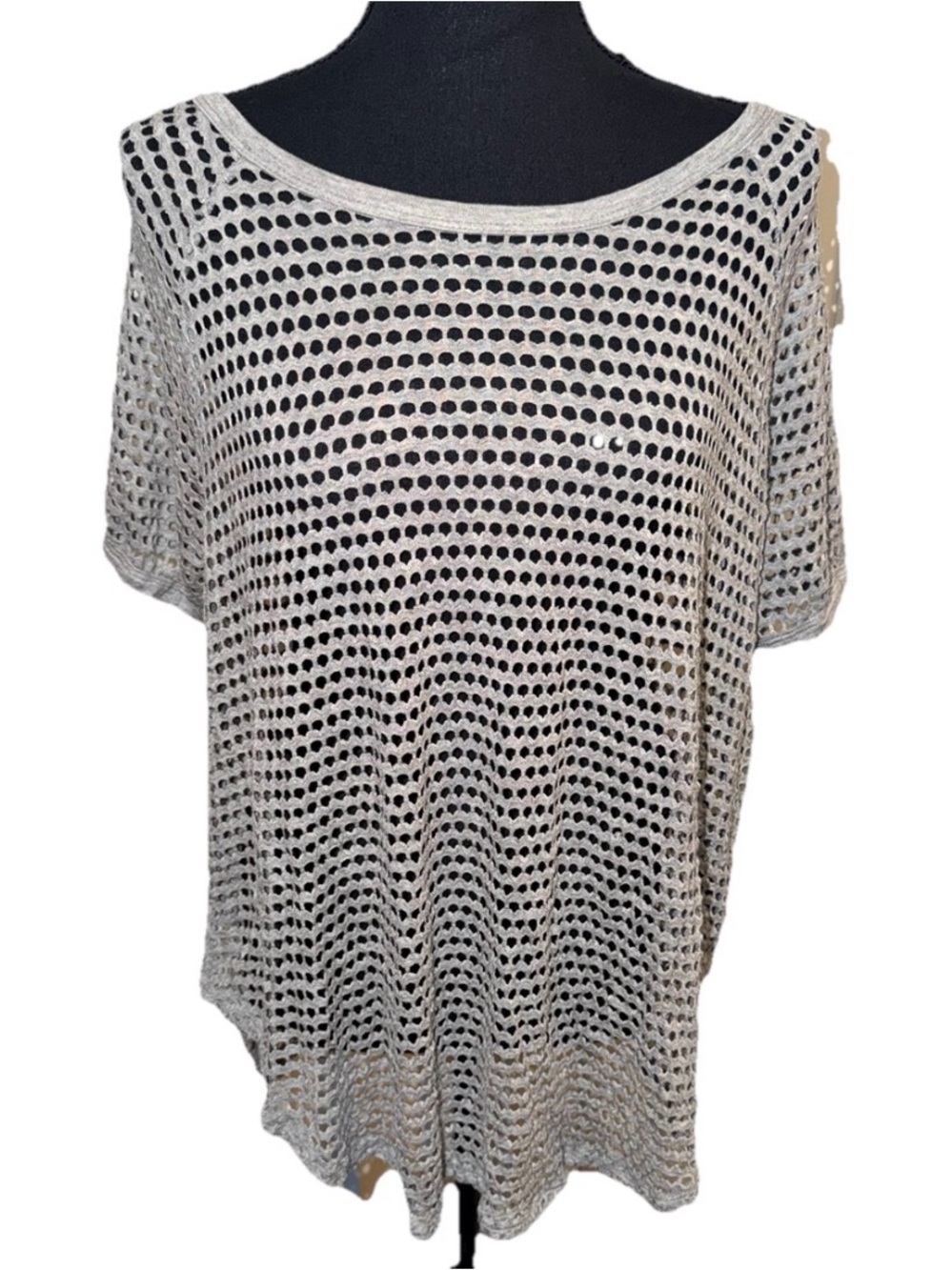SJS Mesh Distressed Gray Pullover Long Tee Tunic Cover Up Stretch Top Sz M